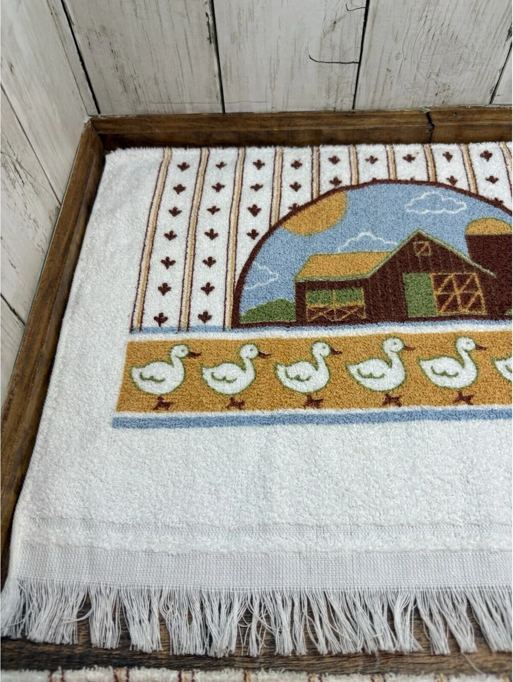 Vintage 1980s HALF Kitchen Hand Cut Towel Farm Duck Goose Scene Barn Cottage